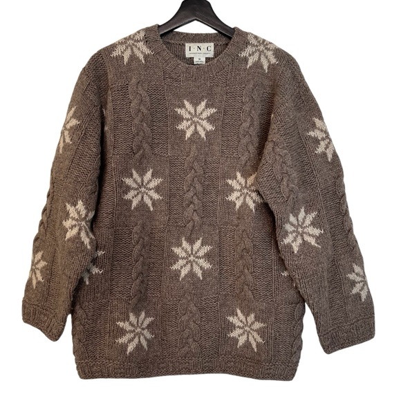 Vintage INC Wool Snowflake Cable Knit Crewneck Sweater Light Brown Cream Medium - Picture 1 of 4
